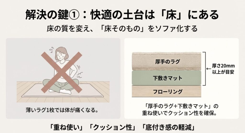 フローリングの硬さを解消する、厚手のラグと下敷きマットを組み合わせた快適な床の作り方