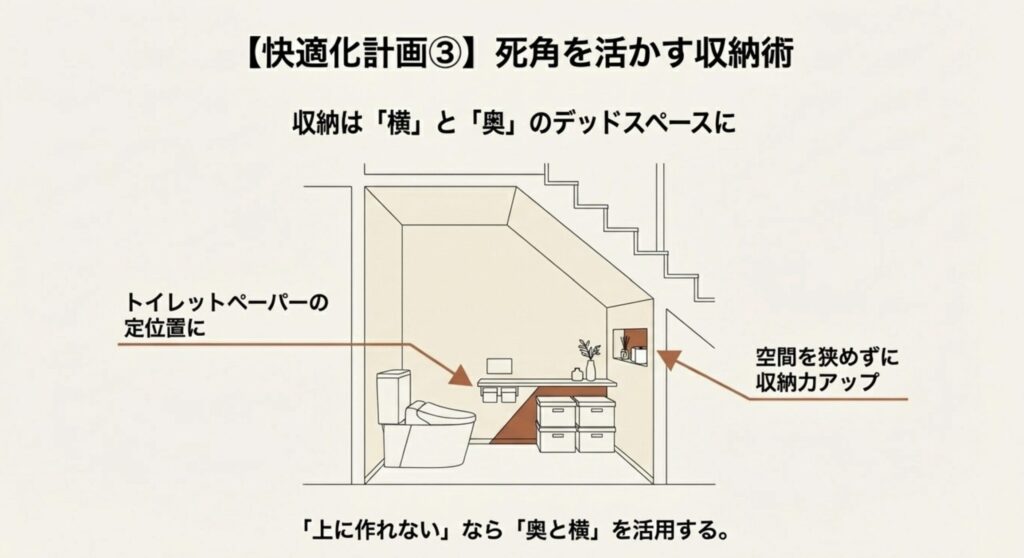 階段下トイレの奥と横の空間を活用した収納棚の配置アイデア図