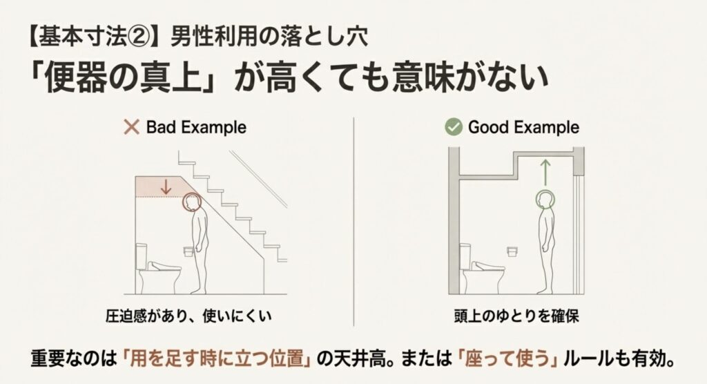 男性が立ってトイレを使用する際の頭上スペース比較・良い例と悪い例