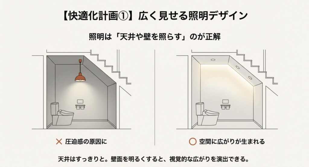 圧迫感を軽減する間接照明とダウンライトの配置・天井と壁を照らす効果