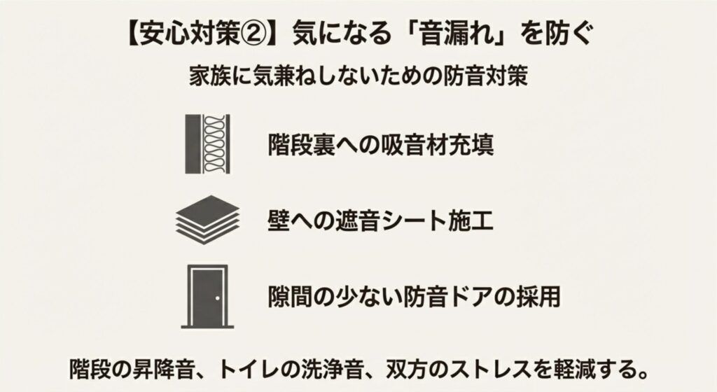 階段下トイレの音漏れを防ぐ吸音材充填と遮音シート施工のイメージ図