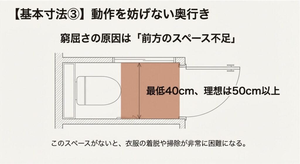 トイレ便器前方の必要なスペース寸法・最低40cm以上推奨の図解