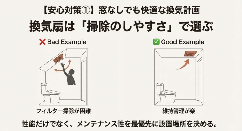 階段下トイレの換気扇設置位置・メンテナンス性を考慮した良い例と悪い例