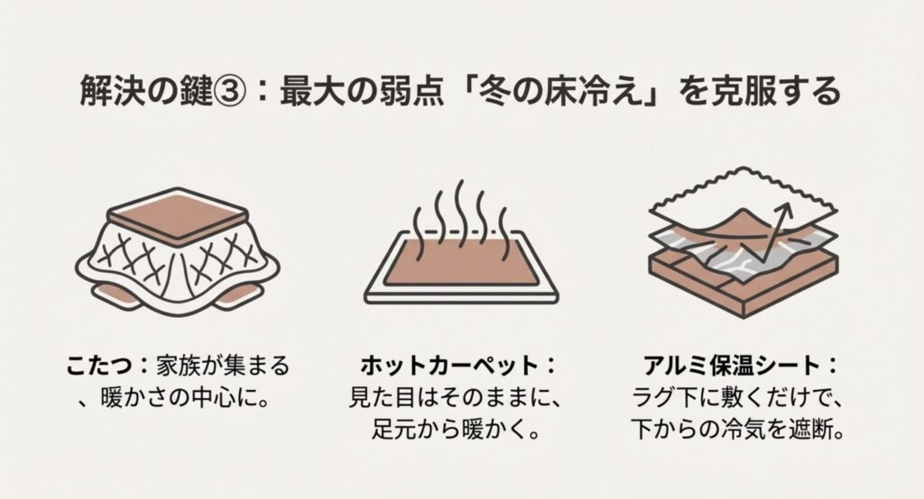こたつ、ホットカーペット、アルミ保温シートを活用した冬のリビング寒さ対策