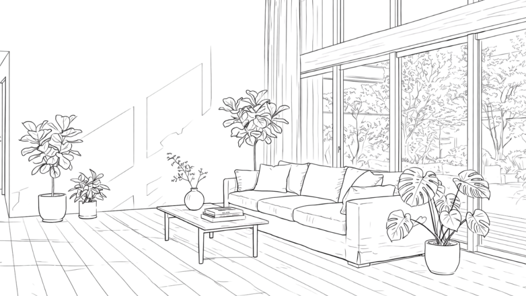 開放感があり光が差し込む大きな窓のある理想的なリビングのイラスト